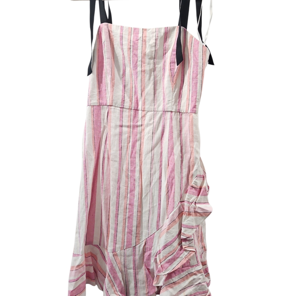 Donna Morgan Pink and White Striped Linen Mini Dress with Ruffle
